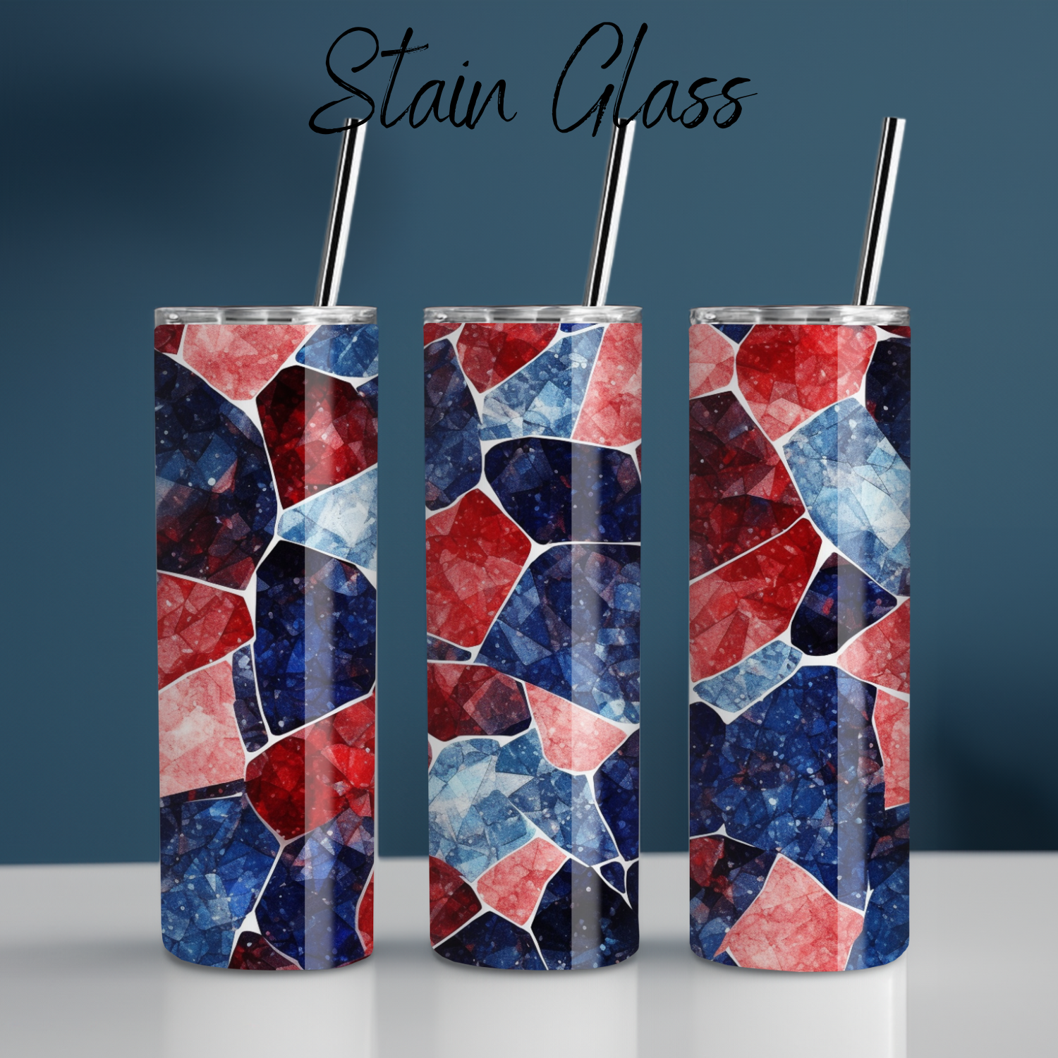 Stained Glass Patriotic Tumbler – Red, White & Blue Mosaic Drinkware