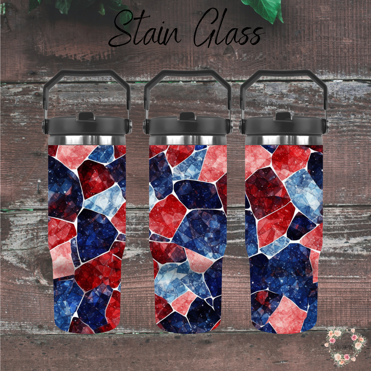 Stained Glass Patriotic Tumbler – Red, White & Blue Mosaic Drinkware