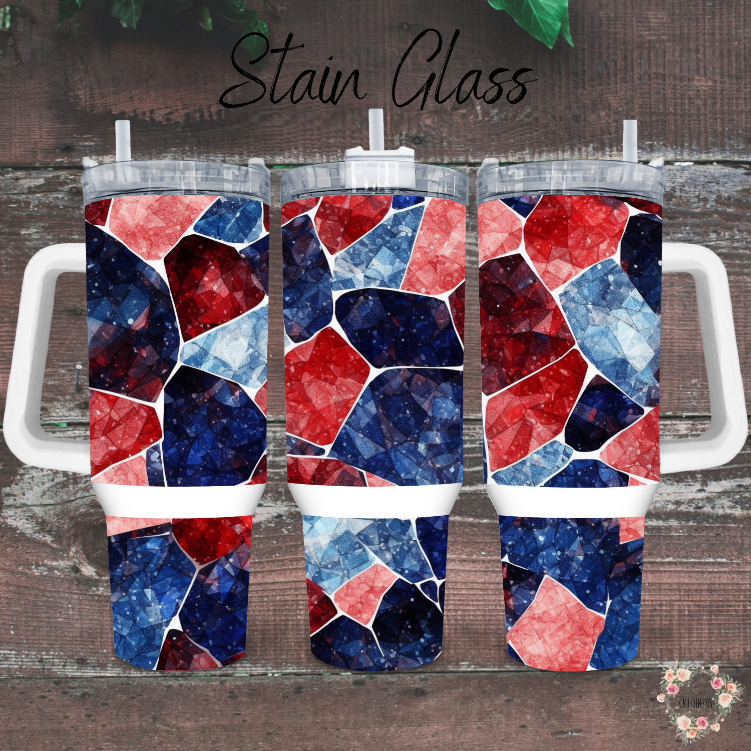 Stained Glass Patriotic Tumbler – Red, White & Blue Mosaic Drinkware