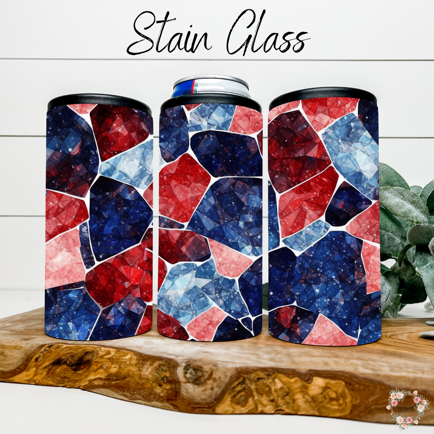 Stained Glass Patriotic Tumbler – Red, White & Blue Mosaic Drinkware