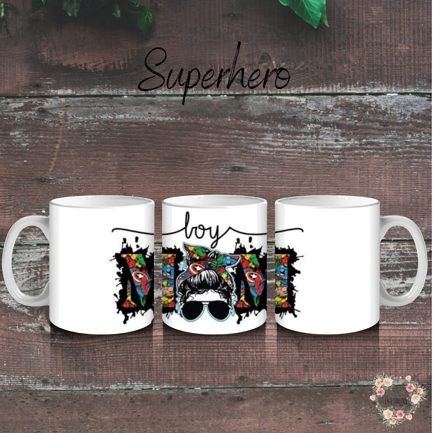 Boy Mom tumbler with hero design and messy bun illustration
