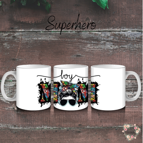 Boy Mom tumbler with hero design and messy bun illustration