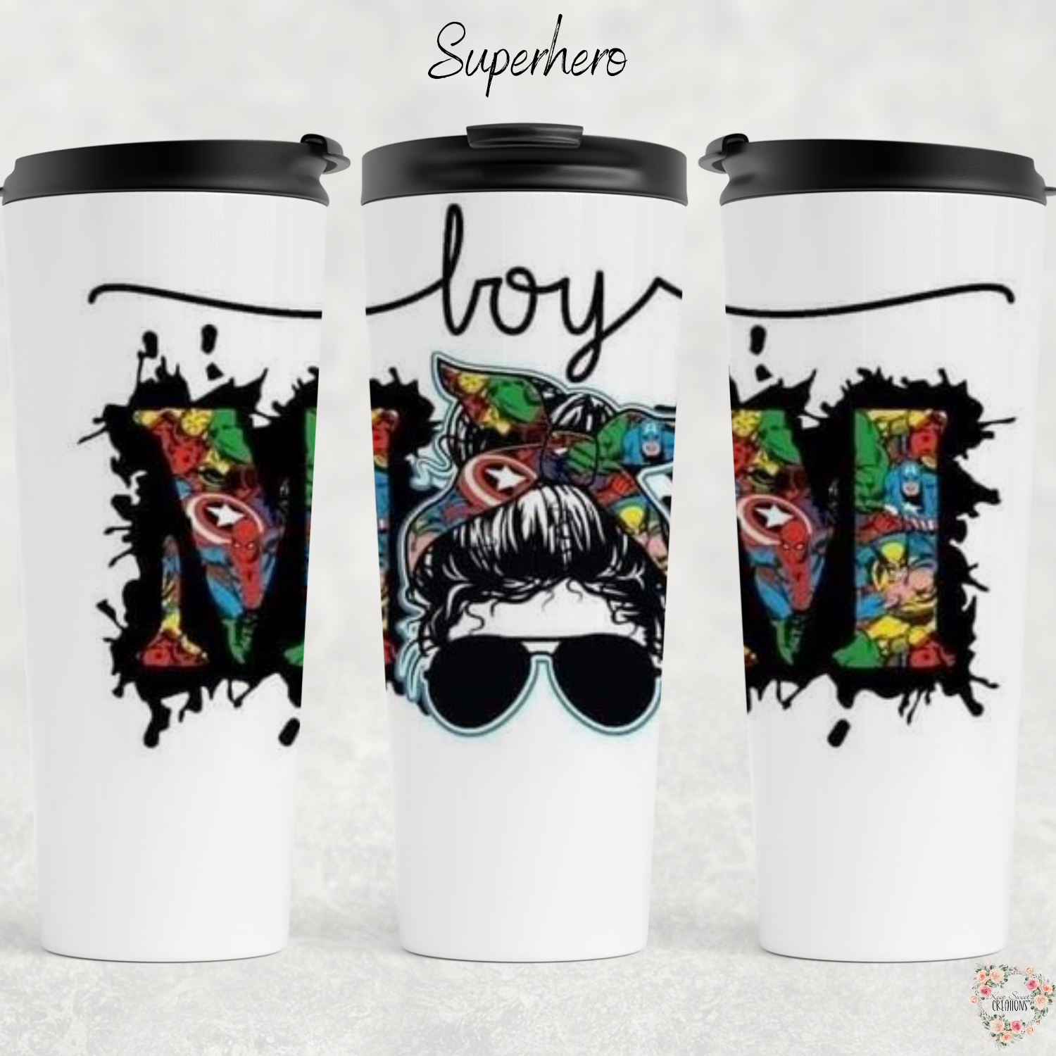 Boy Mom tumbler with hero design and messy bun illustration