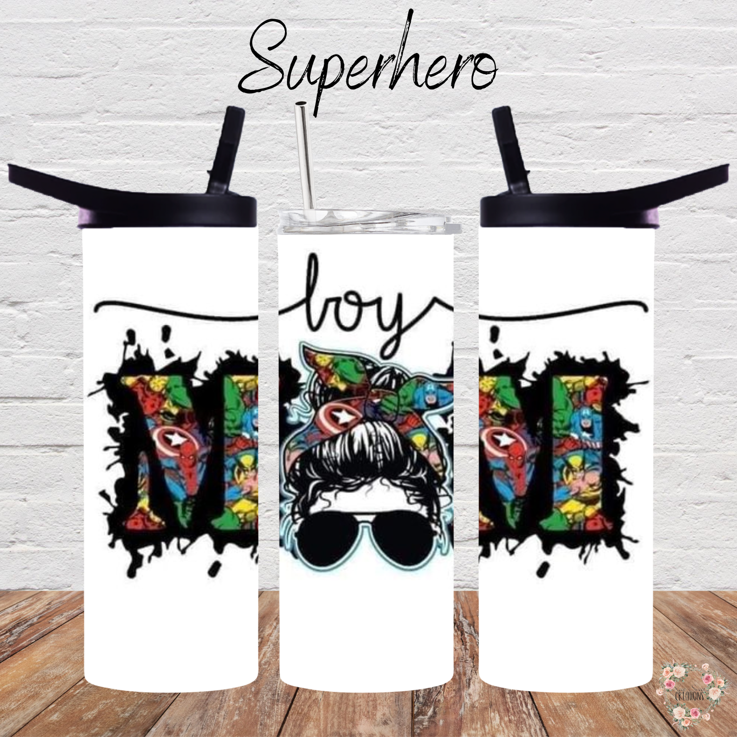 Boy Mom tumbler with hero design and messy bun illustration