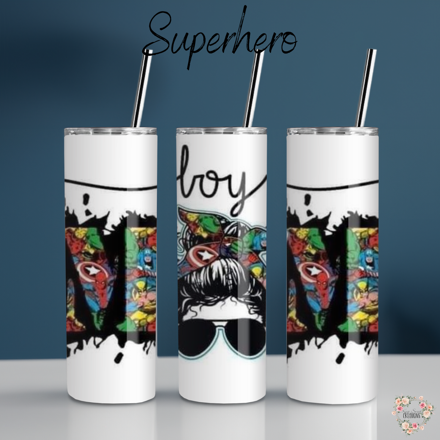 Boy Mom tumbler with hero design and messy bun illustration