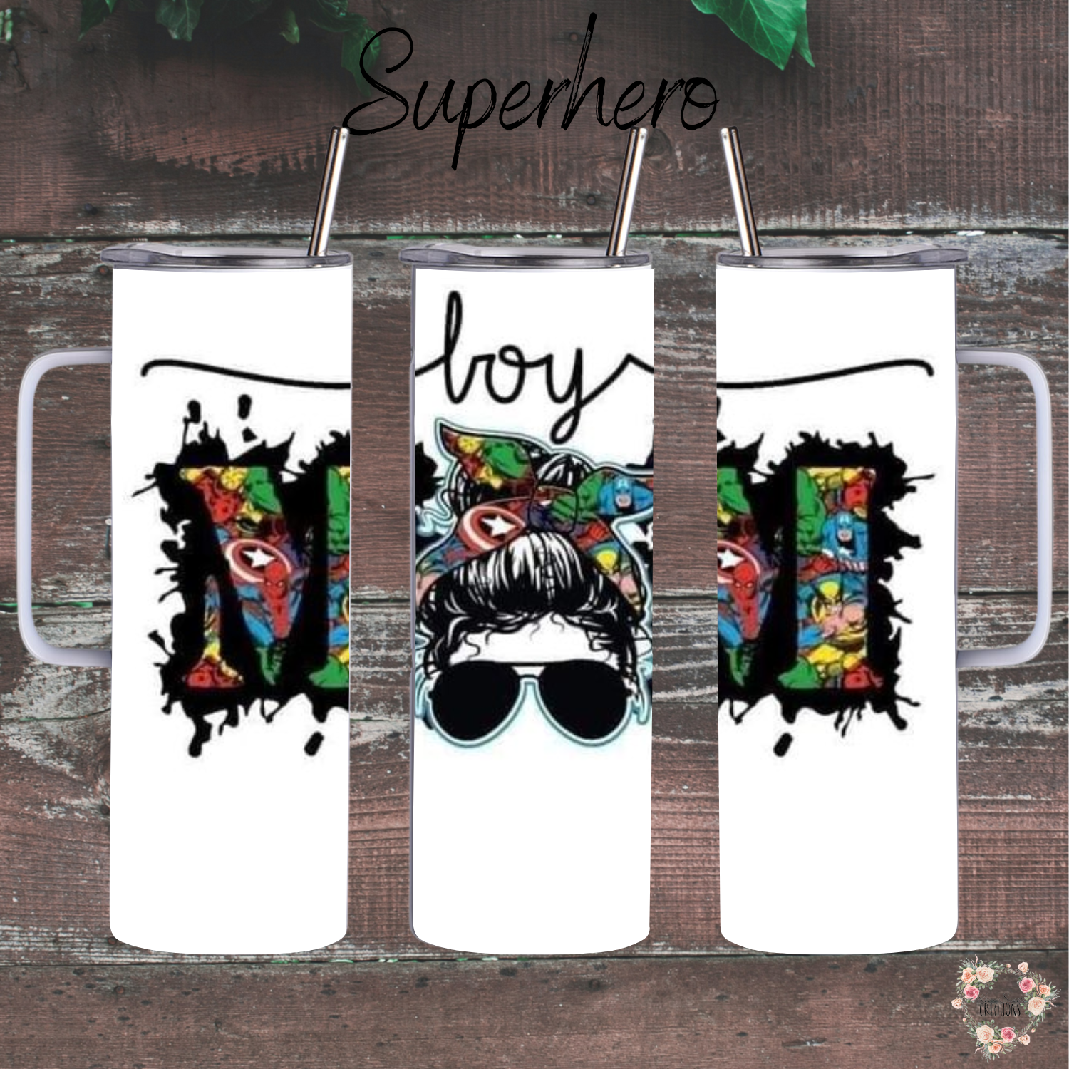 Boy Mom tumbler with hero design and messy bun illustration