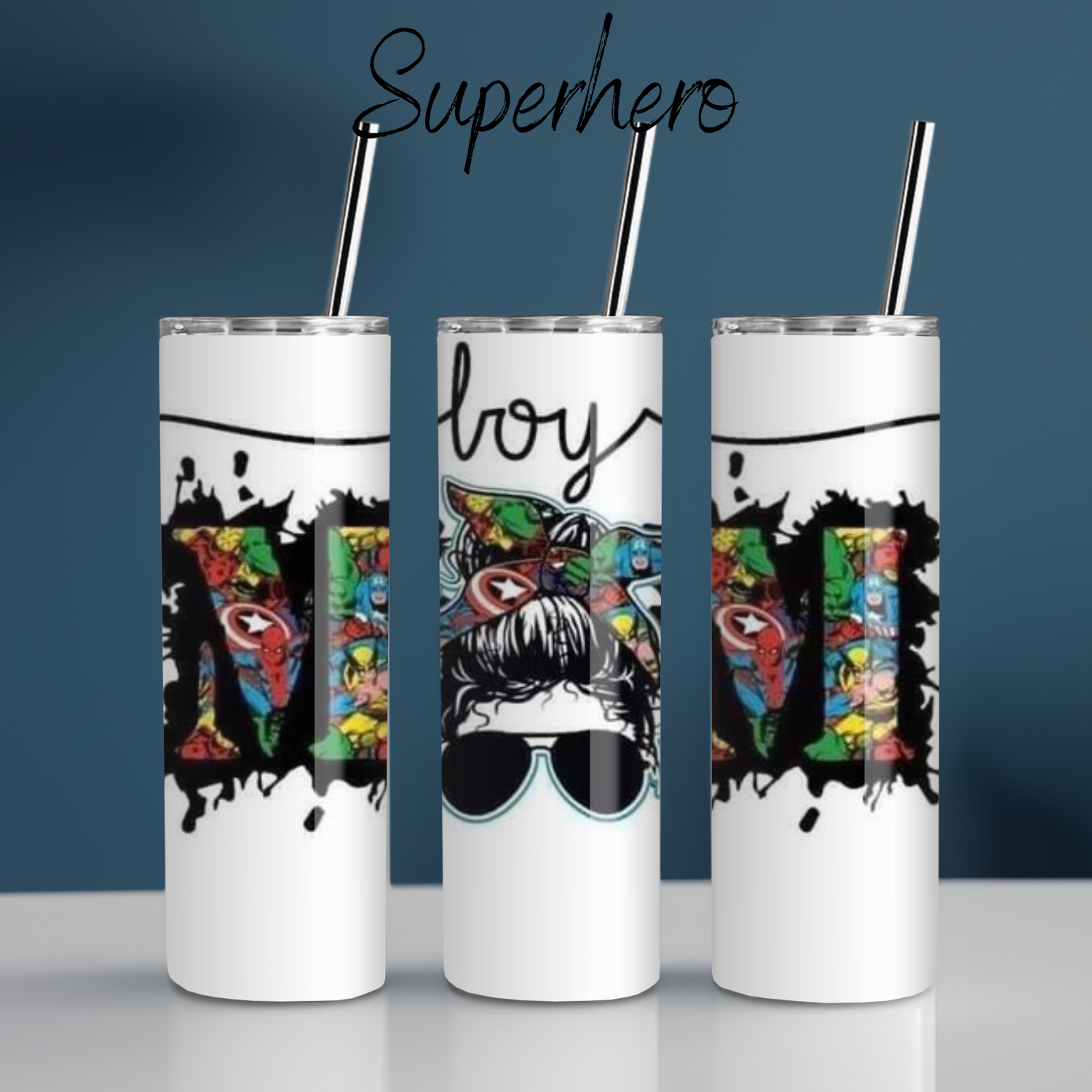 Boy Mom tumbler with hero design and messy bun illustration