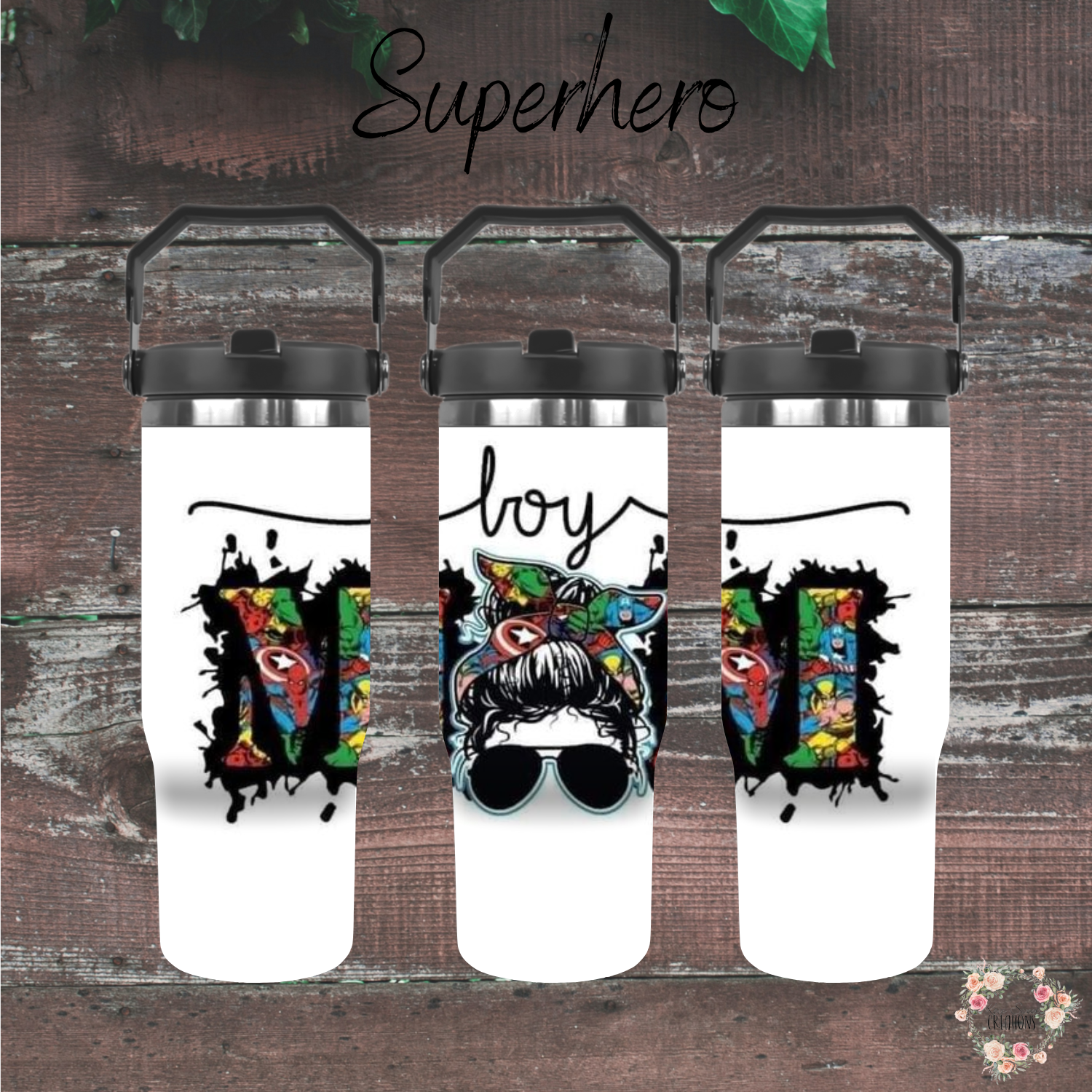 Boy Mom tumbler with hero design and messy bun illustration