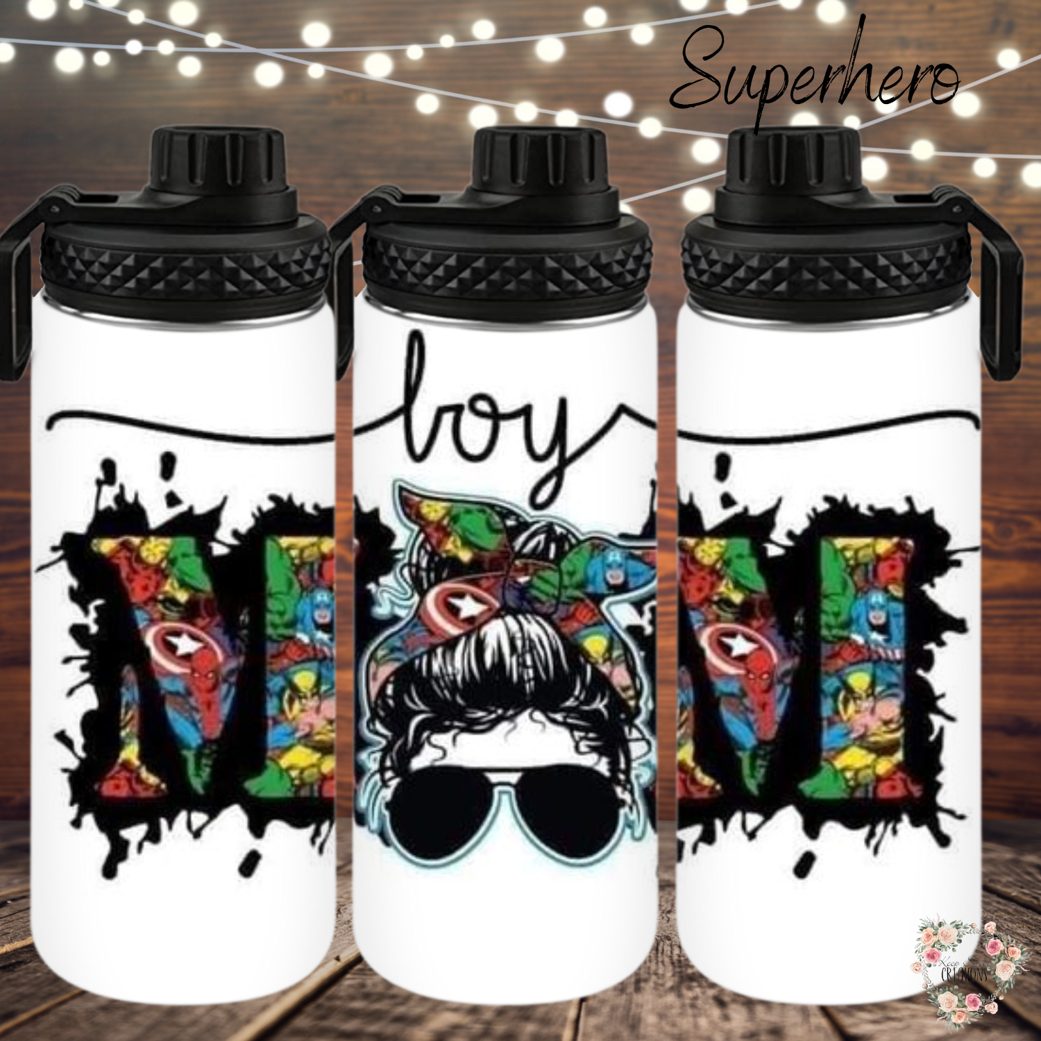 Boy Mom tumbler with hero design and messy bun illustration