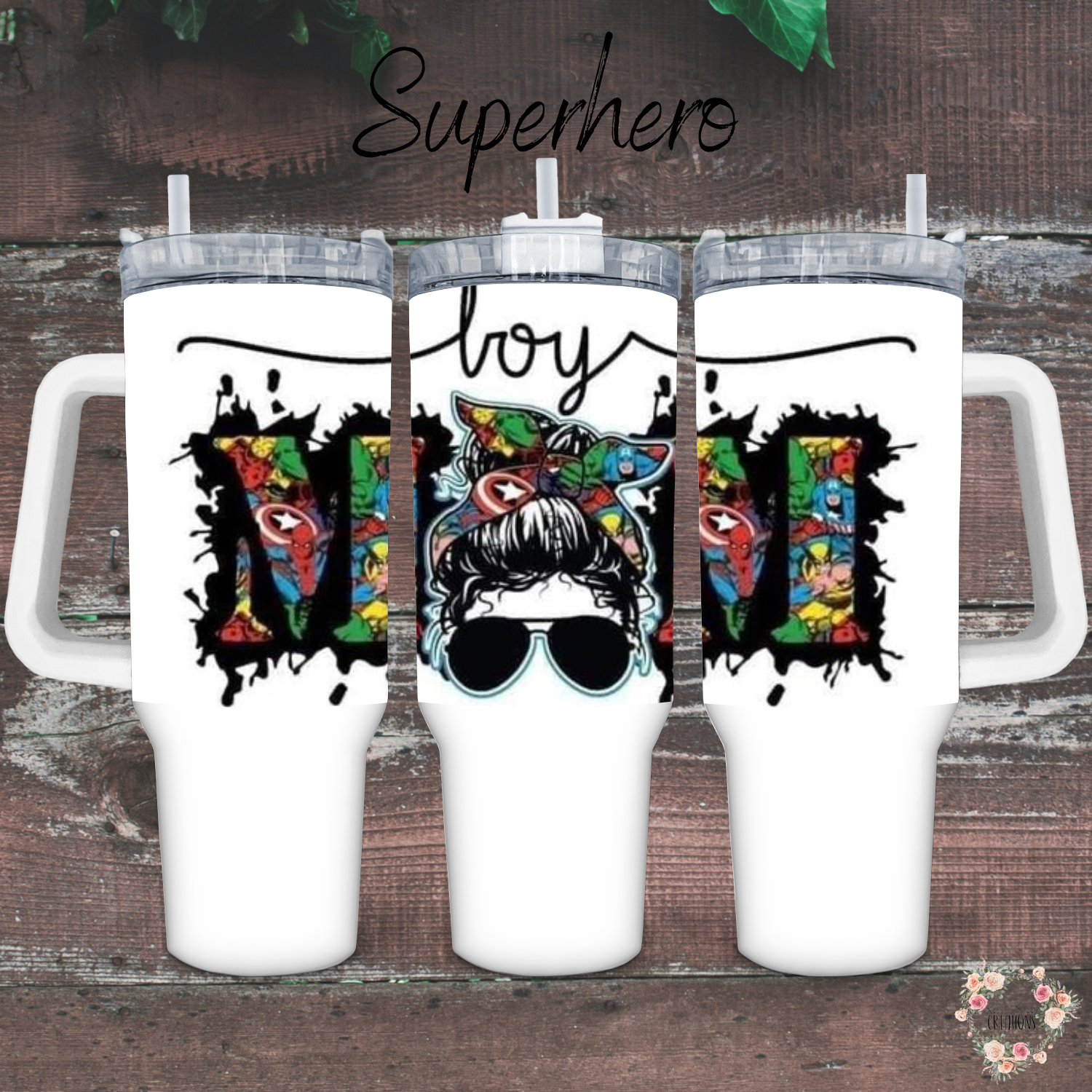 Boy Mom tumbler with hero design and messy bun illustration