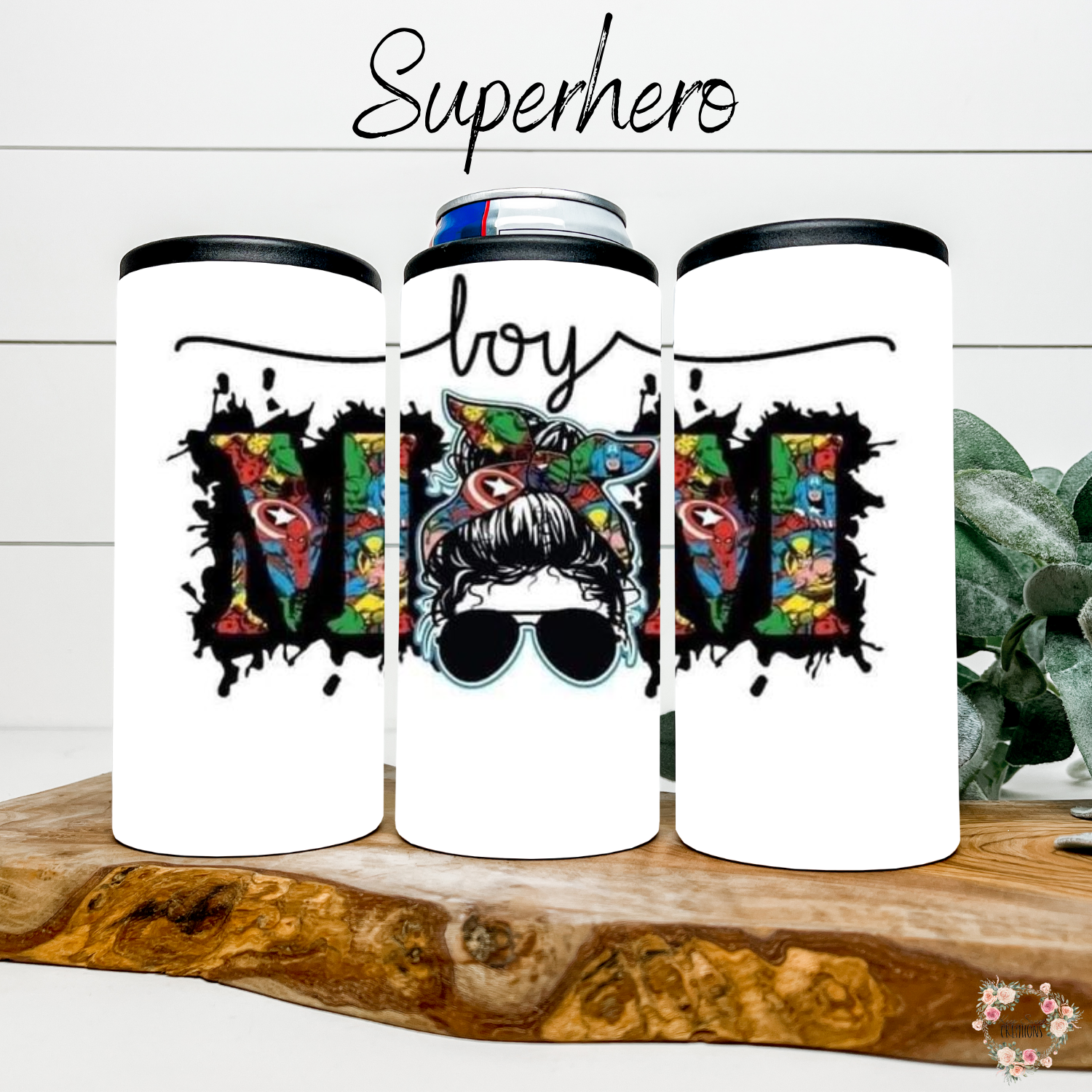 Boy Mom tumbler with hero design and messy bun illustration