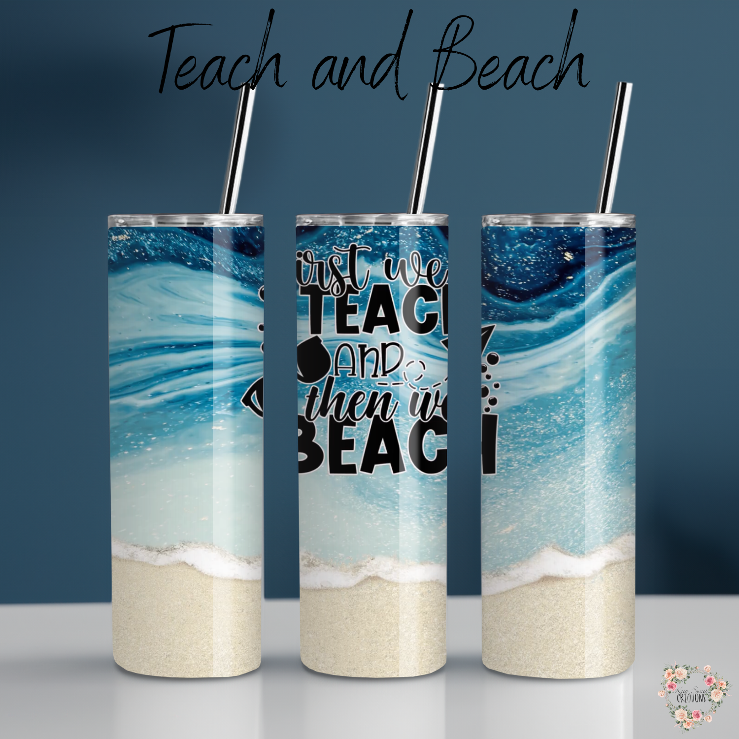 Coastal teacher gift – blue beach sublimation tumbler