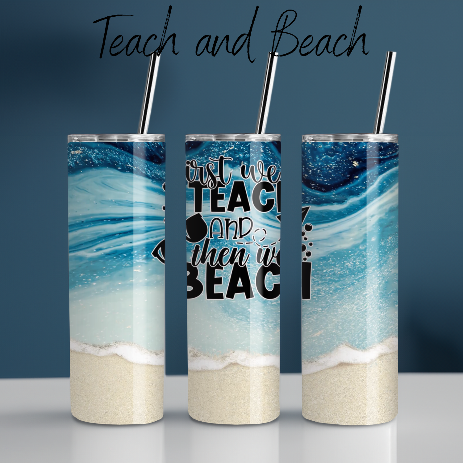 Coastal teacher gift – blue beach sublimation tumbler