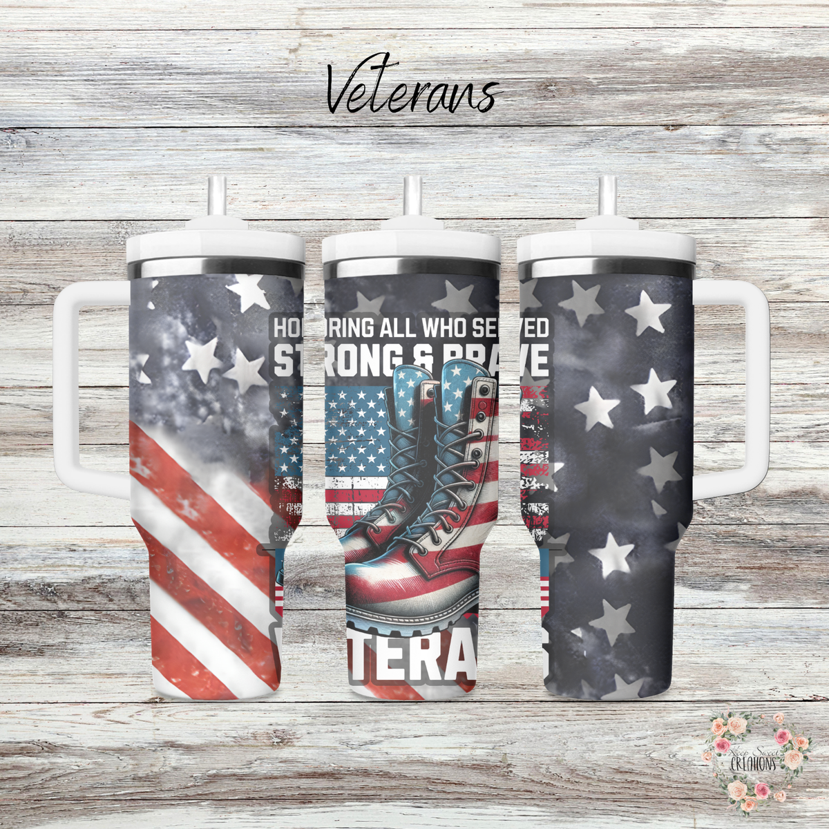 A patriotic tumbler honoring veterans, featuring red combat boots, an American flag background, and the words 'Honoring All Who Served – Strong & Brave.' The bold stars and stripes design symbolizes courage, sacrifice, and national pride. Available in 20 oz, 30 oz, 32 oz water bottle, and 40 oz handled tumbler, perfect for veterans, military families, and patriotic supporters.