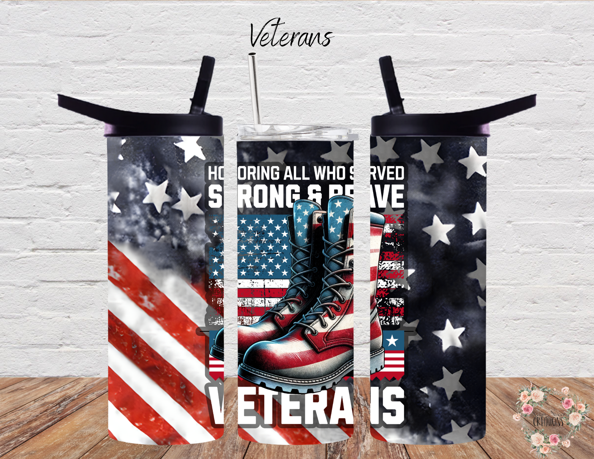 A patriotic tumbler honoring veterans, featuring red combat boots, an American flag background, and the words 'Honoring All Who Served – Strong & Brave.' The bold stars and stripes design symbolizes courage, sacrifice, and national pride. Available in 20 oz, 30 oz, 32 oz water bottle, and 40 oz handled tumbler, perfect for veterans, military families, and patriotic supporters.