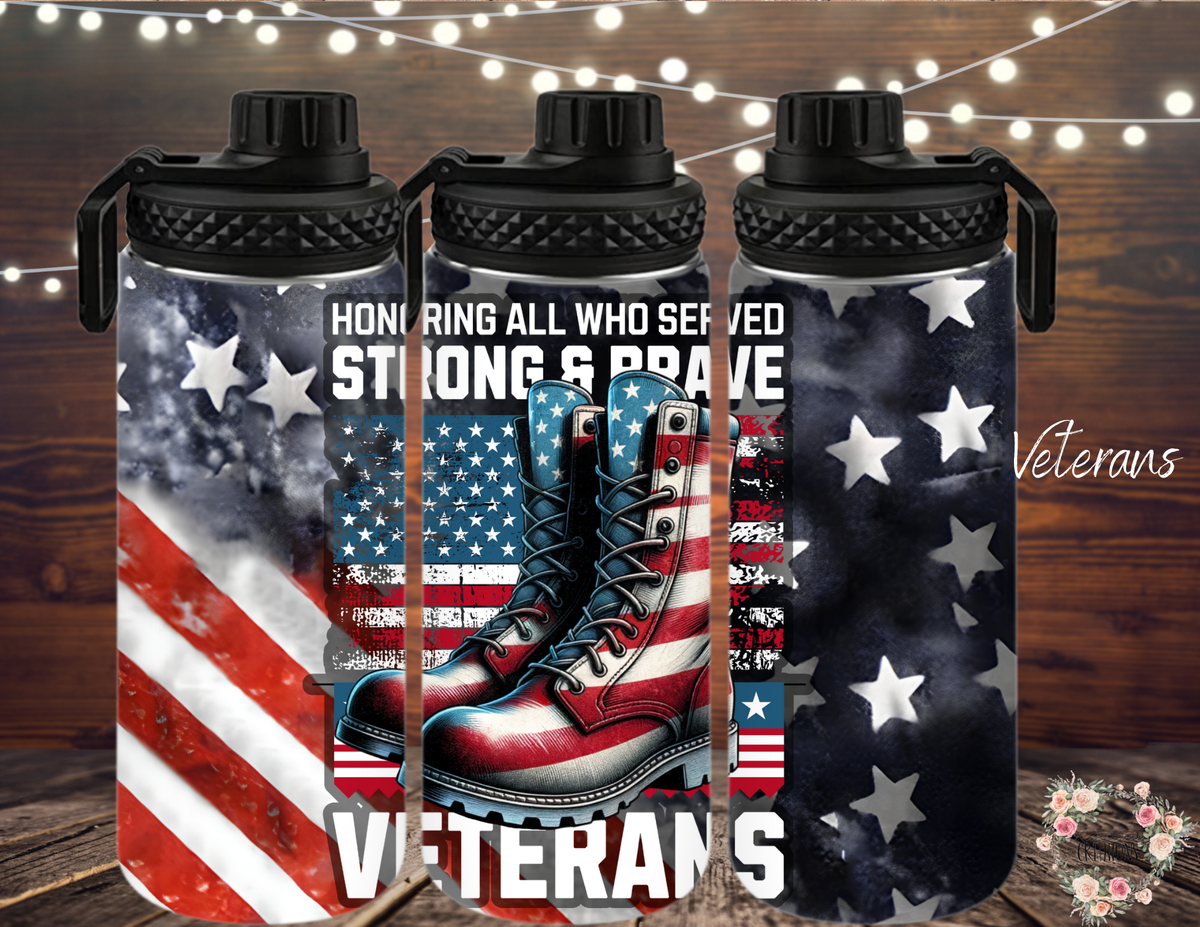 A patriotic tumbler honoring veterans, featuring red combat boots, an American flag background, and the words 'Honoring All Who Served – Strong & Brave.' The bold stars and stripes design symbolizes courage, sacrifice, and national pride. Available in 20 oz, 30 oz, 32 oz water bottle, and 40 oz handled tumbler, perfect for veterans, military families, and patriotic supporters.