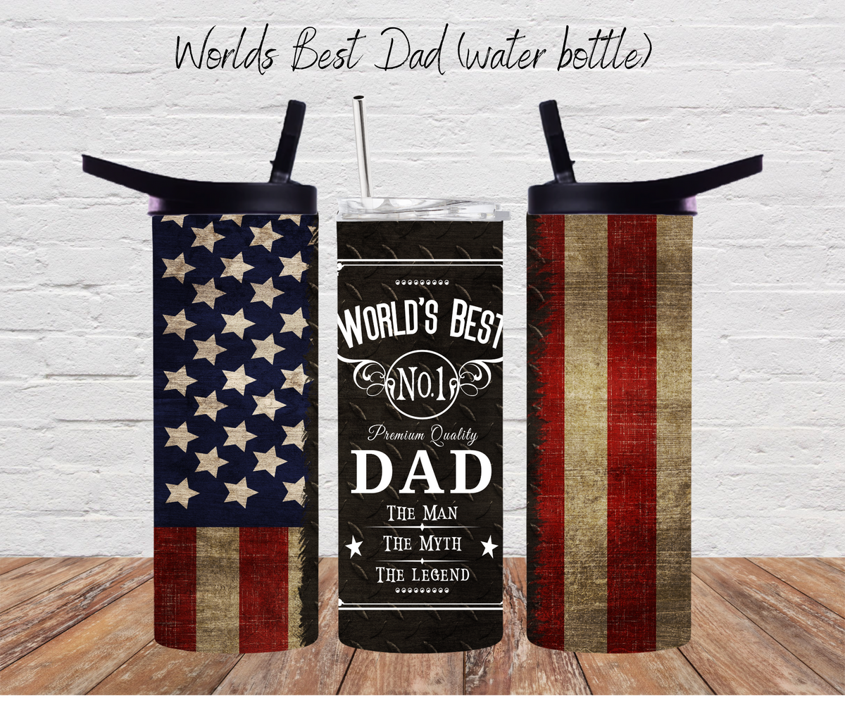 20 oz skinny stainless steel tumbler with American flag background and ‘World’s Best Dad’ quote – patriotic Father’s Day gift