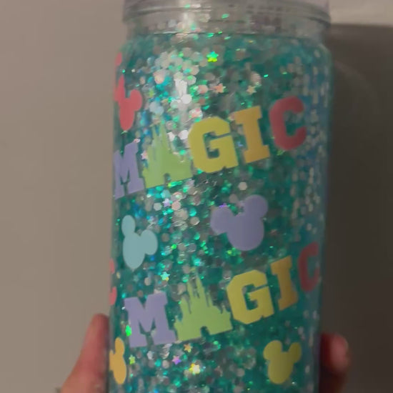 Magic snow globe tumbler with floating glitter effect, custom handmade glitter cup for iced coffee and cold drinks