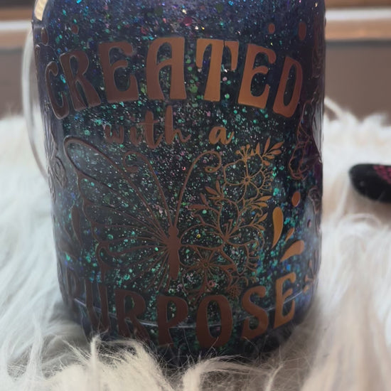 “Created With Purpose” 16 oz. snowglobe glass can tumbler with glitter, tree graphic, bamboo lid, and straw – inspirational Christian drinkware