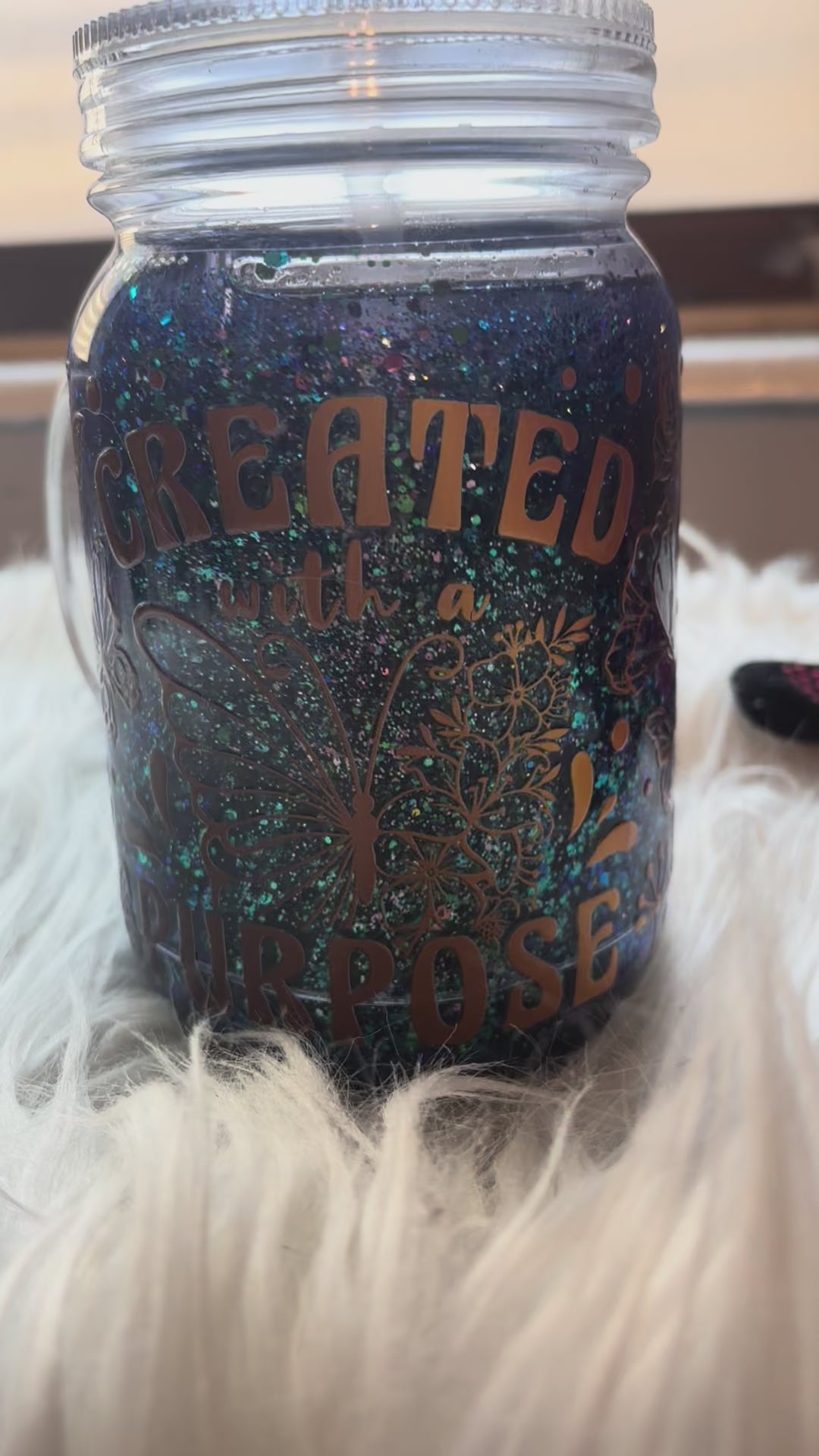 “Created With Purpose” 16 oz. snowglobe glass can tumbler with glitter, tree graphic, bamboo lid, and straw – inspirational Christian drinkware