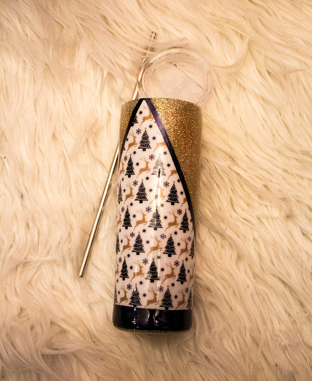 20 oz gold glitter holiday tumbler with black Christmas tree print
