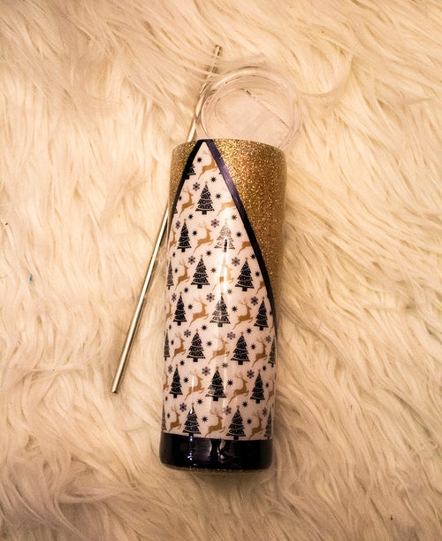 20 oz gold glitter holiday tumbler with black Christmas tree print