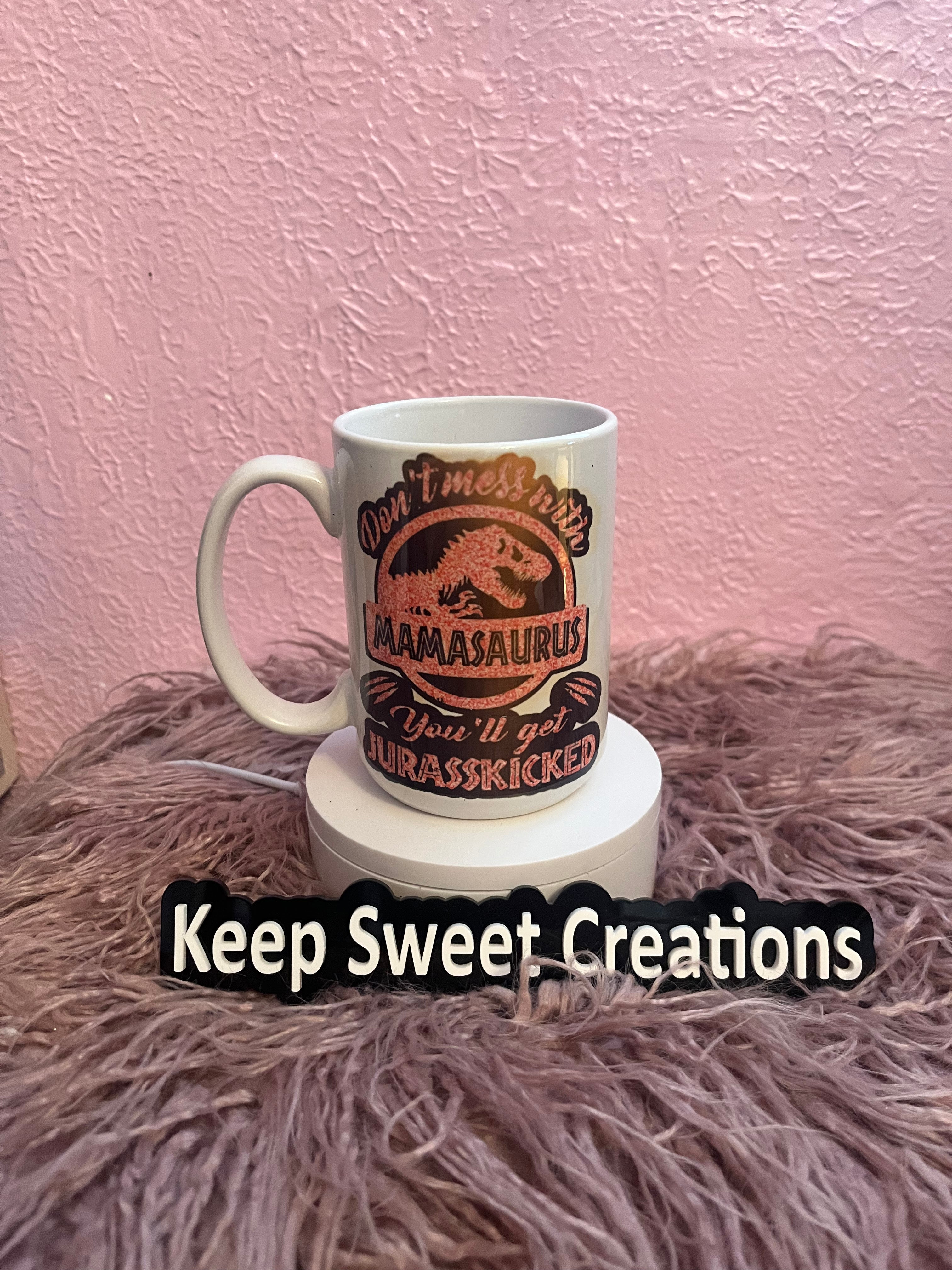 Mamasaurus coffee mug with bold dinosaur design and mom phrase